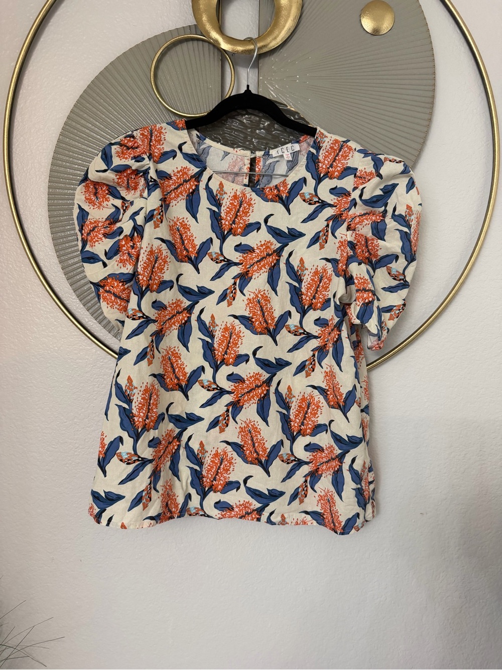 TCEC Cream Blouse with Coral Floral & Navy Leaves - Picture 3 of 6